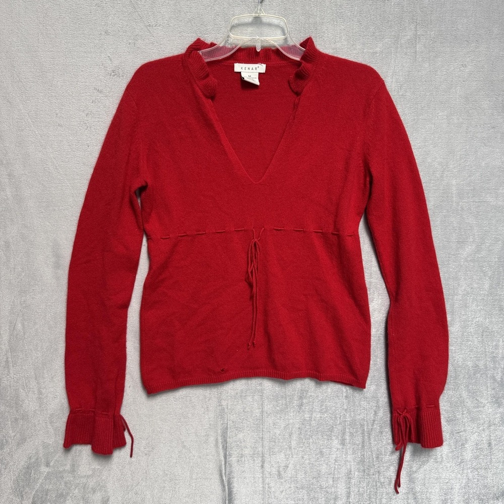 Kenar Sweater Womens Medium Red V Neck Ruffle Cuff Cashmere Belted Tie Waist